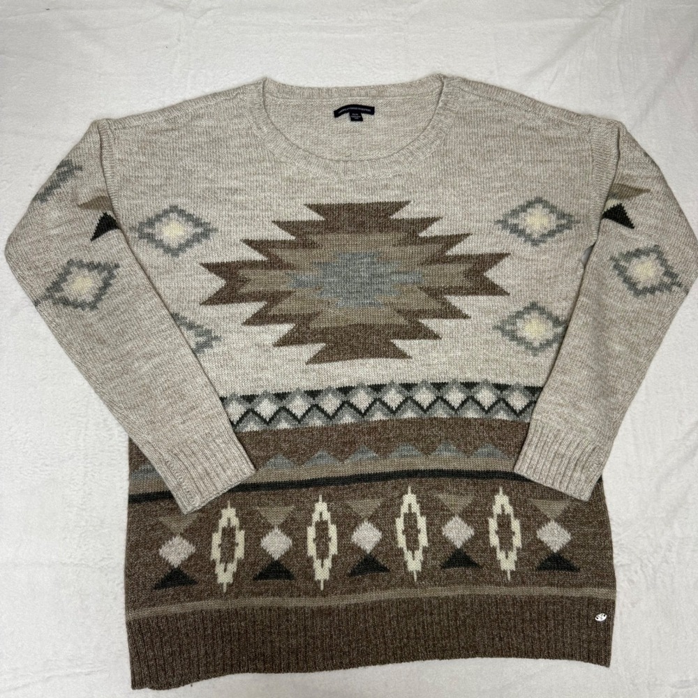 American Eagle Outfitters Geometric Pattern‎ Crew Neck Sweater M Beige Brown